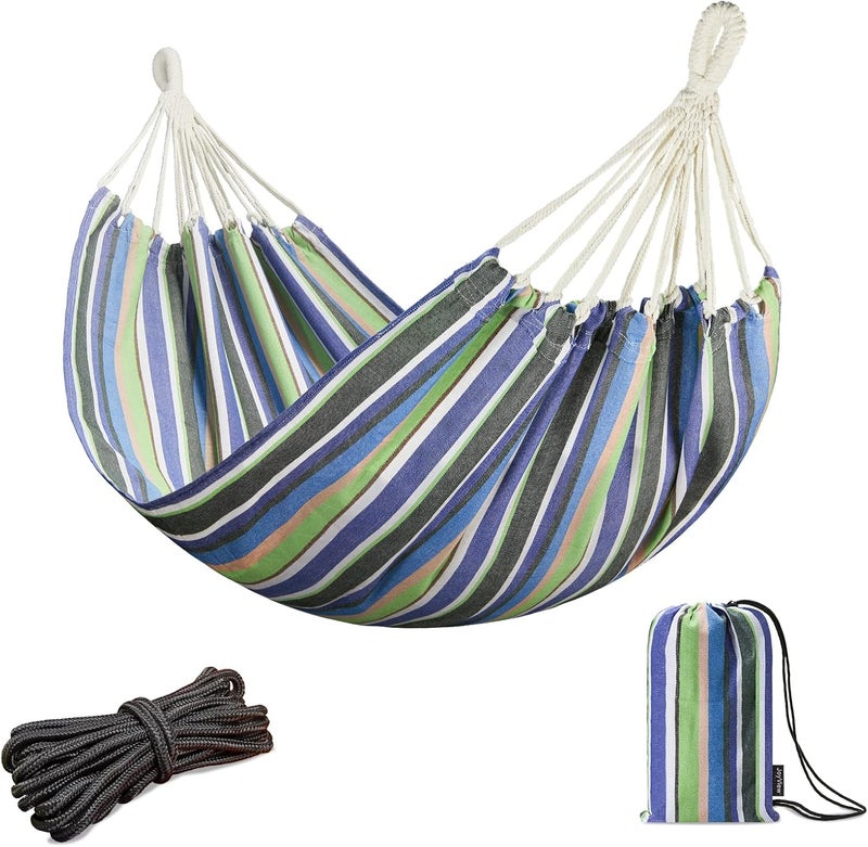 JoyView Brazilian Hammock for Single Person Portable Hammock with Hanging Ropes & Carry Bag Large 78.8x39.4” for Patio 300LBS Capacity Perfect for Outdoor/Indoor - Blue & Green Stripes - Image 1